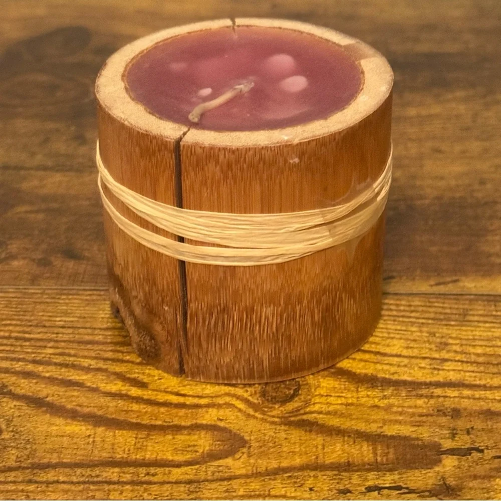 Rustic Wood Bamboo Style Candle ~3in‎ Plum Wax Raffia Tie Boho Decor